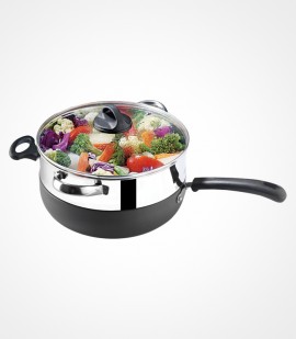 Non stick trendy black stainless steel multi steamer with glass lid